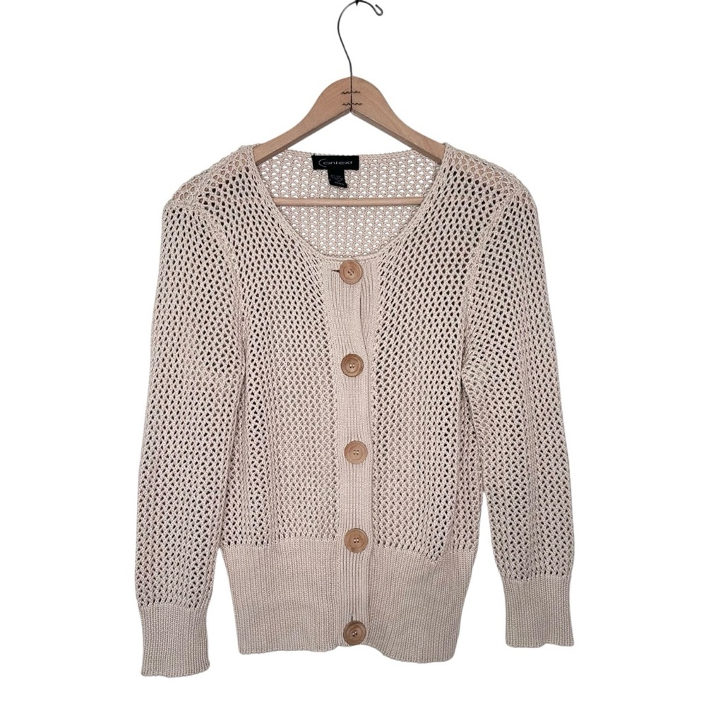 Context Open Stitch Wood Button Down Silk Blend Cardigan Sweater Size Medium